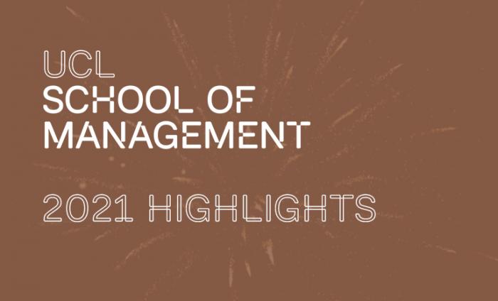Photo of the UCL School of Management logo on a gold background with faded white fireworks in the background