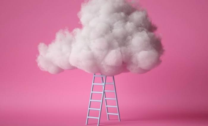 Pink background, with a ladder in the middle which has cloud-esk puff of smoke at the top