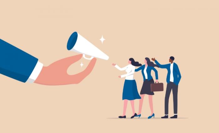 Encourage employee voice, advocacy or support opinion, contribution or help, listen to ideas or communication, staff encouragement concept, businessman hand offer megaphone for employee to speak out.