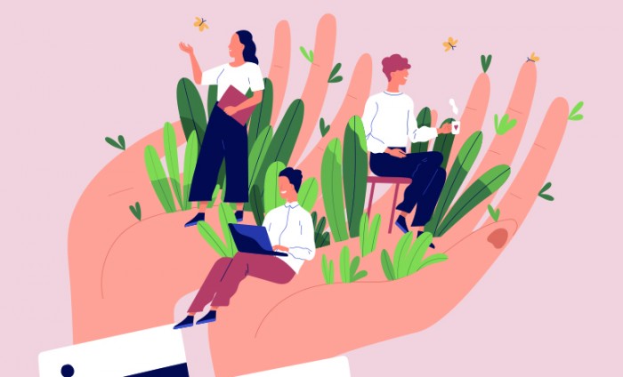 Vector Image of giant hands holding tiny office workers. Concept of employee care, wellbeing at work or workplace, perks and benefits for personnel, support of professional growth. 