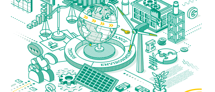 ESG Concept of Environmental, Social and Governance. Globe Model of the Earth. Vector Illustration. Sustainable Development. Isometric Outline Concept. Green Colour. Alternative Energy.
