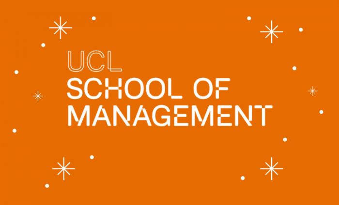 Photo of the UCL School of Management logo on an orange background with white snowflakes 