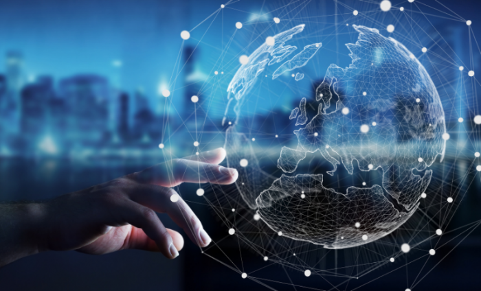 Business person touching global network and data exchanges over the world