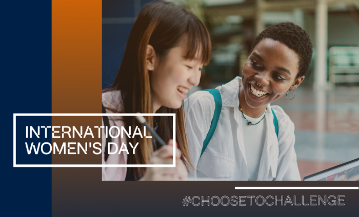 Two women talking and laughing with a blue and orange filter and the words 'International Women's day' and #ChooseToChallenge on the image