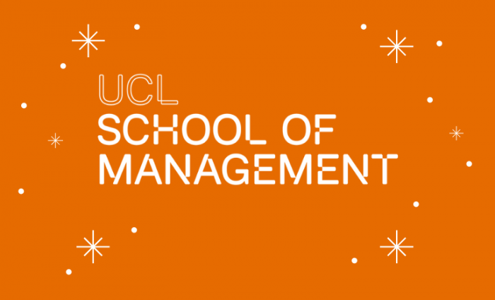 Photo of the UCL School of Management logo on an orange background with white snowflakes