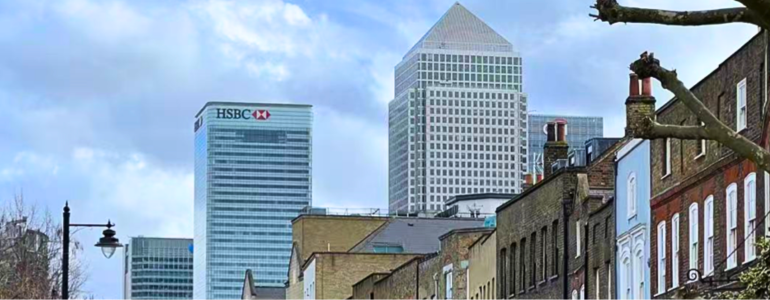 The view of the School of Management campus in Canary Wharf from Limehouse, London